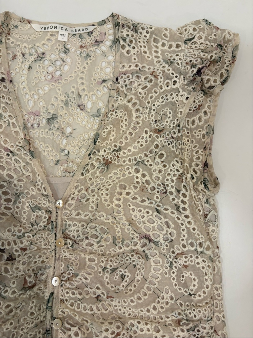 Veronica Beard Mayam Eyelet Ruffle Sleeve V-Neck Top - Cream - 4 - Picture 8 of 14